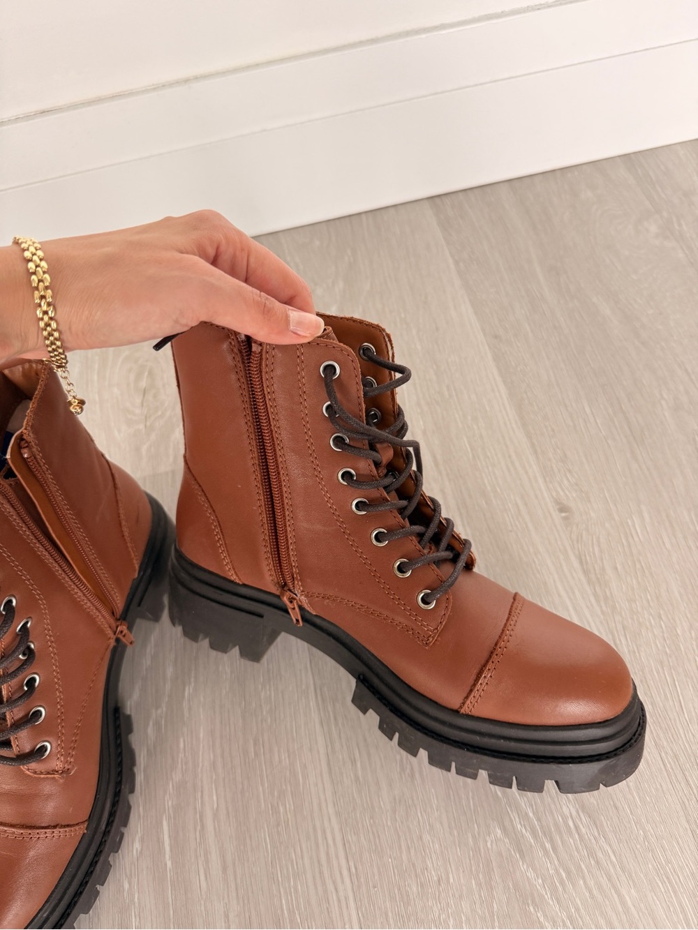 Aldo Tan Lace-up Combat Boots with Dark Brown Lug Soles - Picture 4 of 5